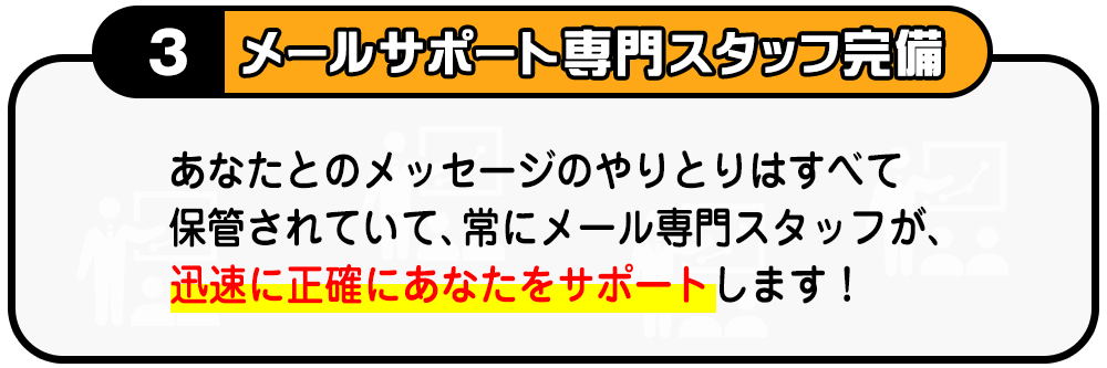 ３・メールサポート専門スタッフ完備　あなたとのメッセージのやりとりはすべて保管されていて、常にメール専門スタッフが、迅速に正確にあなたをサポートします！
